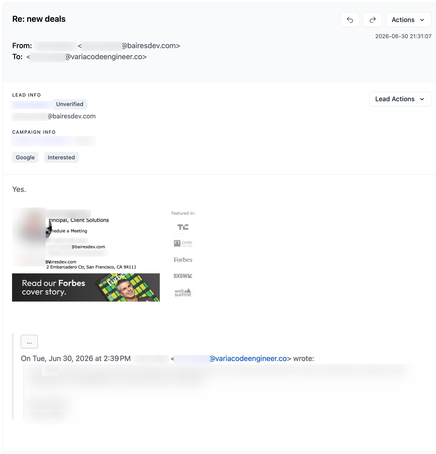 BairesDev email reply, with personal details redacted