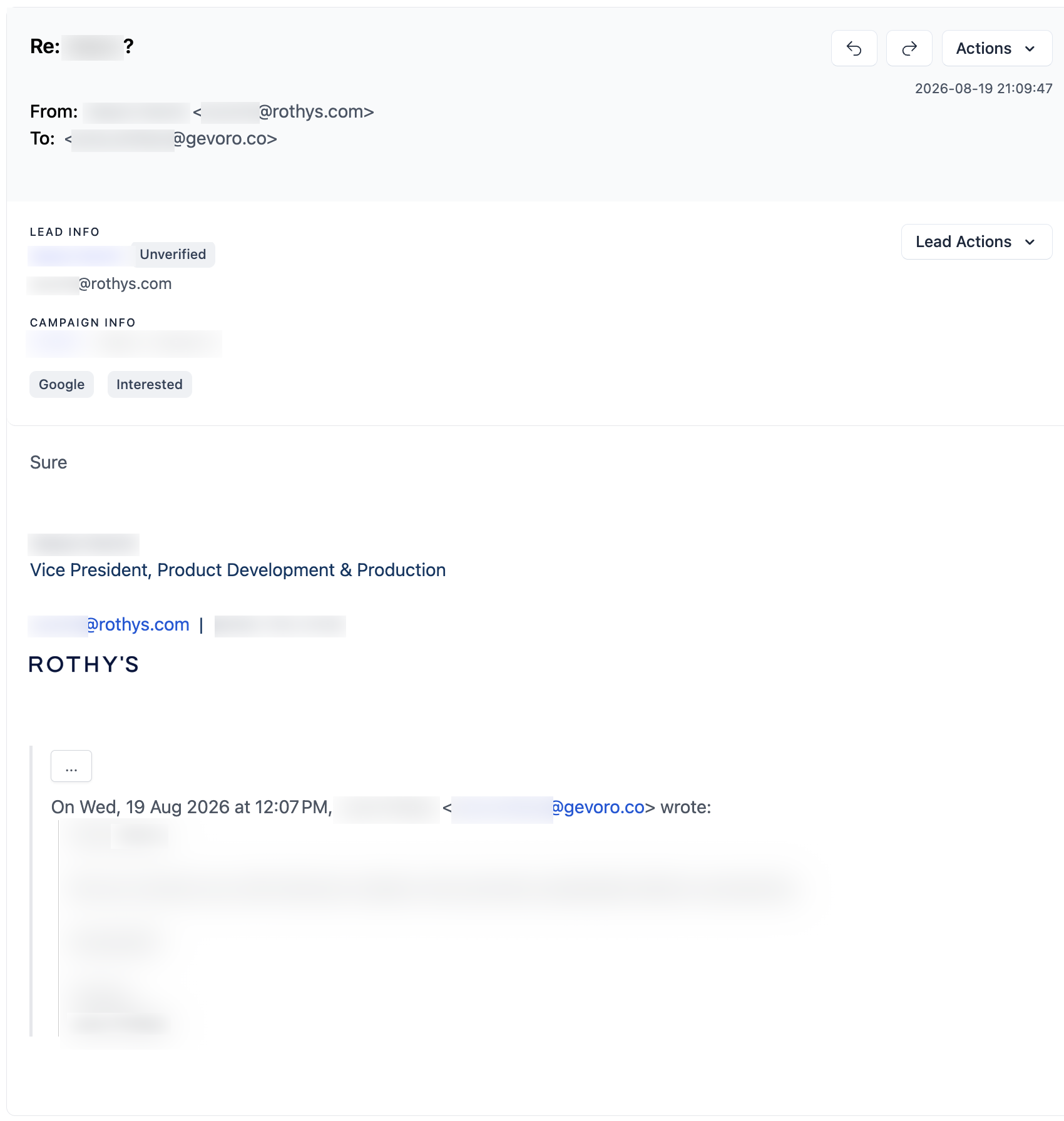 Rothy’s email reply, with personal details redacted
