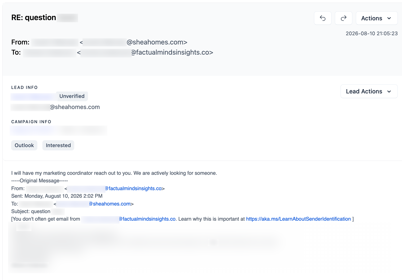 Shea Homes email reply, with personal details redacted